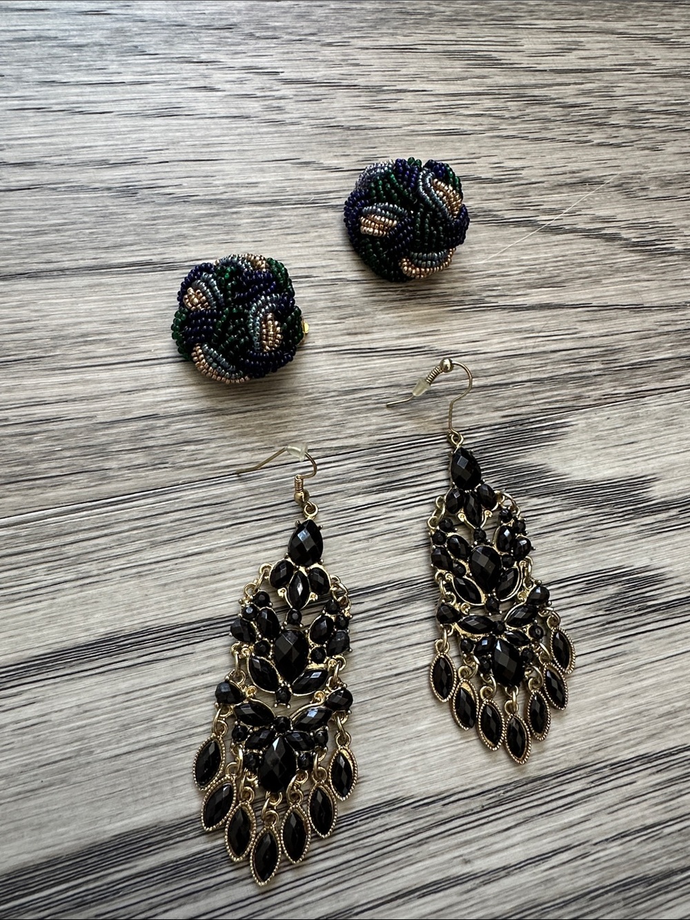 Gold & Black Dangle Earrings with Beaded clip on Set - Women Jewelry